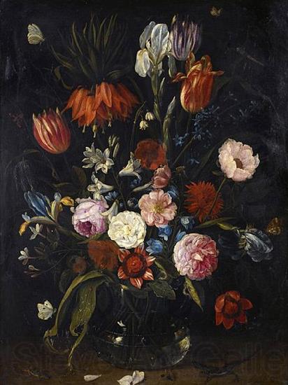 Jan Van Kessel the Younger A still life of tulips, a crown imperial, snowdrops, lilies, irises, roses and other flowers in a glass vase with a lizard, butterflies, a dragonfly a